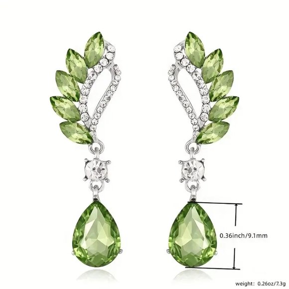 Green Waterdrop Wings Shaped Drop Earrings Silver Plated Retro Dangle Earrings - Picture 2 of 2